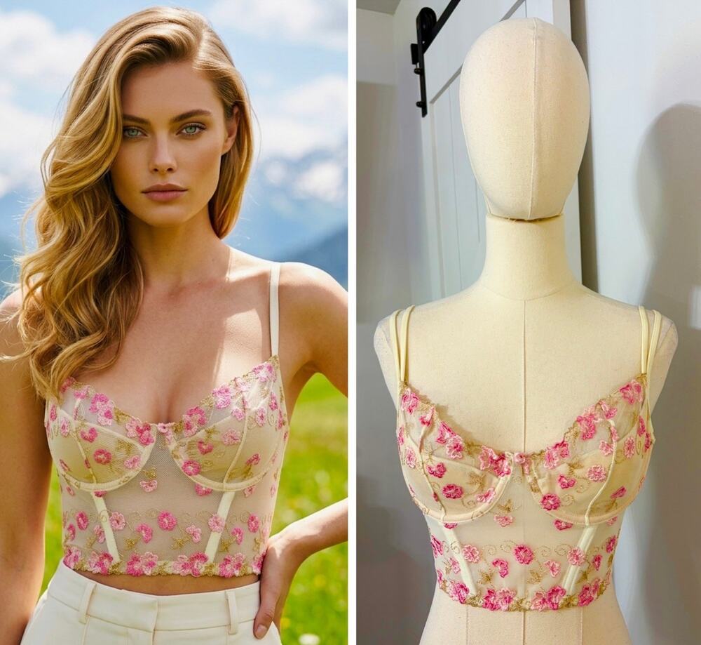 VTG Victoria’s Secret Size 34C Ivory Pink Floral Corset Bustier Boned 1999 Y2K